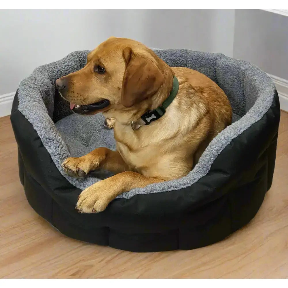 Cozy premium oval bolster dog bed with black shell and heavy duty fleece lined gray machine washable design