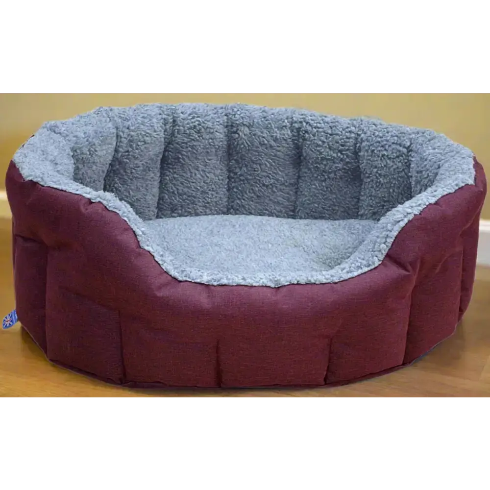 Premium Oval Bolster Style Heavy Duty Fleece Lined Machine Washable Dog Bed Intermediate L51cm X W41cm X H20cm Red Wine with Silver Fleece Lining Dog Beds