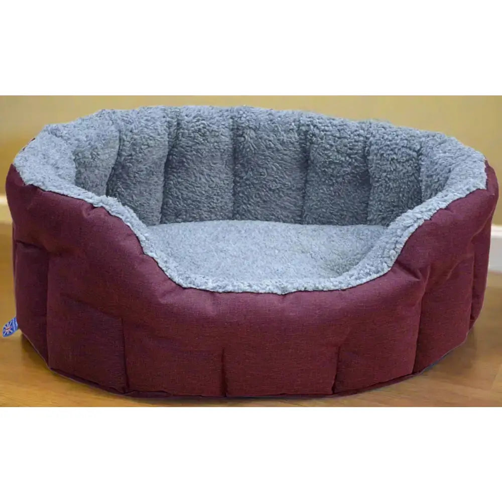 Maroon and gray premium oval bolster pet bed with heavy duty fleece lined sherpa interior and machine washable cover