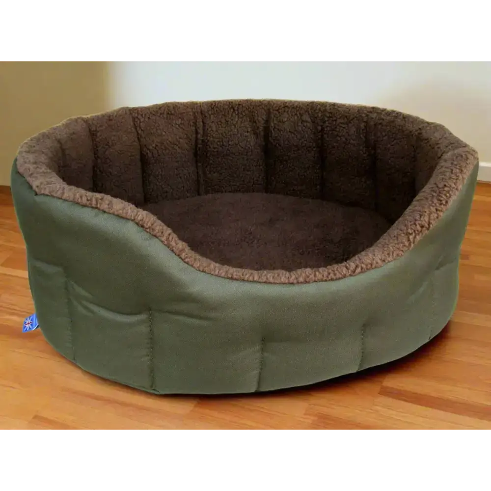 Premium Oval Bolster Style Heavy Duty Fleece Lined Machine Washable Dog Bed Intermediate L51cm X W41cm X H20cm Green with Mushroom Fleece Lining Dog Beds