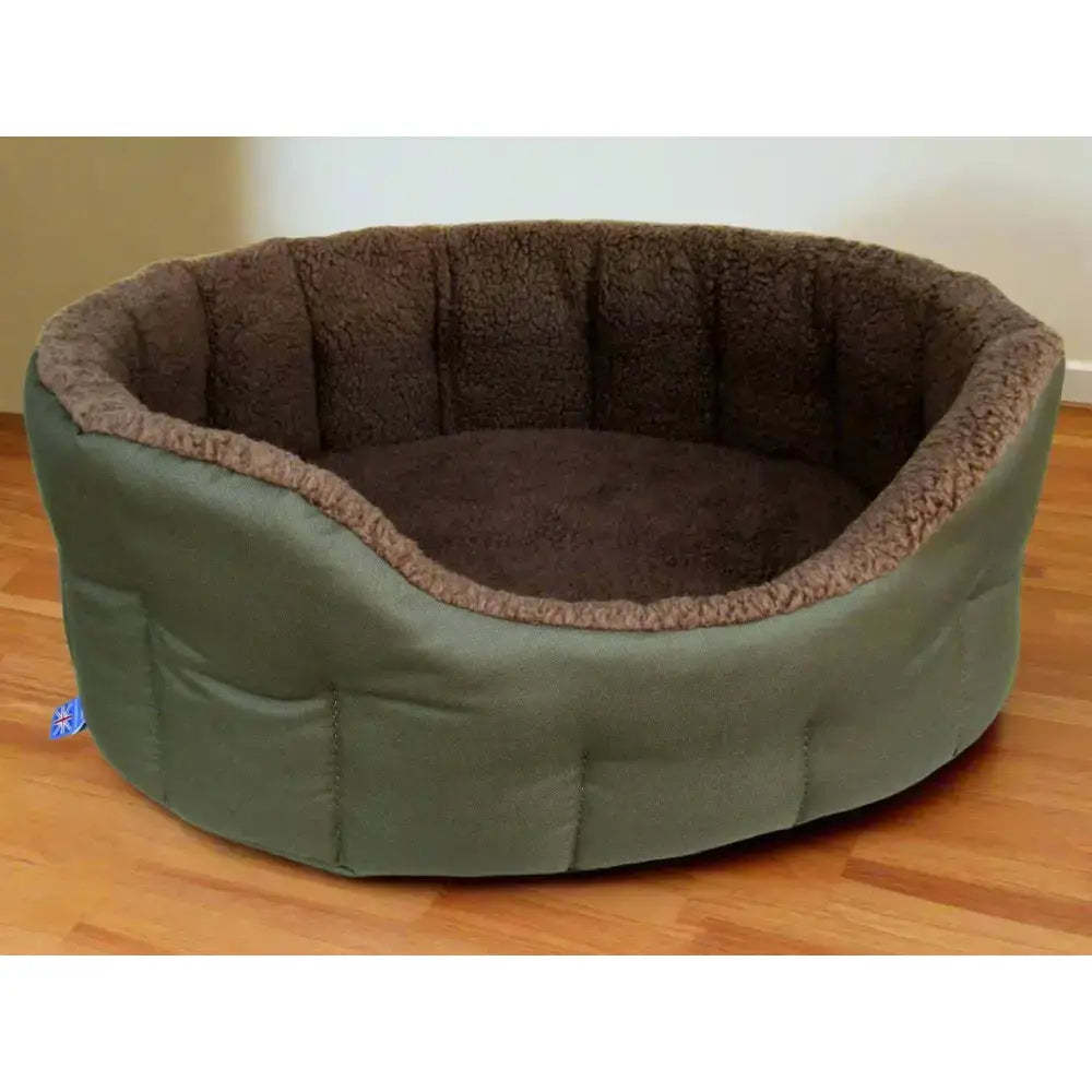 Premium oval bolster olive green and brown heavy duty fleece lined machine washable dog bed with cushioned interior