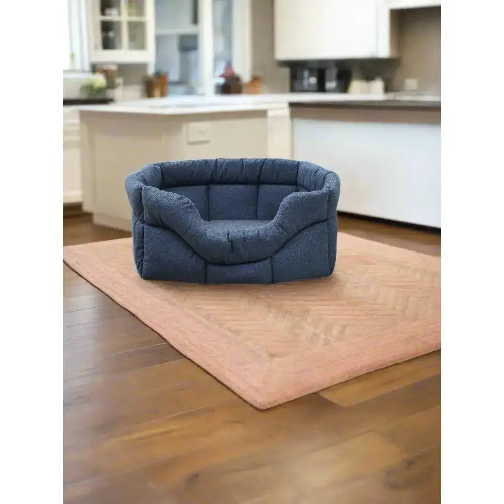 Blue quilted premium rectangular high sided orkney tweed bed with 8cm base for comfy pet lounging