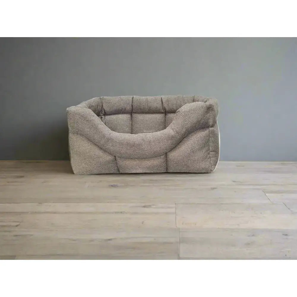 Beige plush pet bed with soft textured fabric and cozy cushioning in premium rectangular high orkney tweed beds with 8cm base
