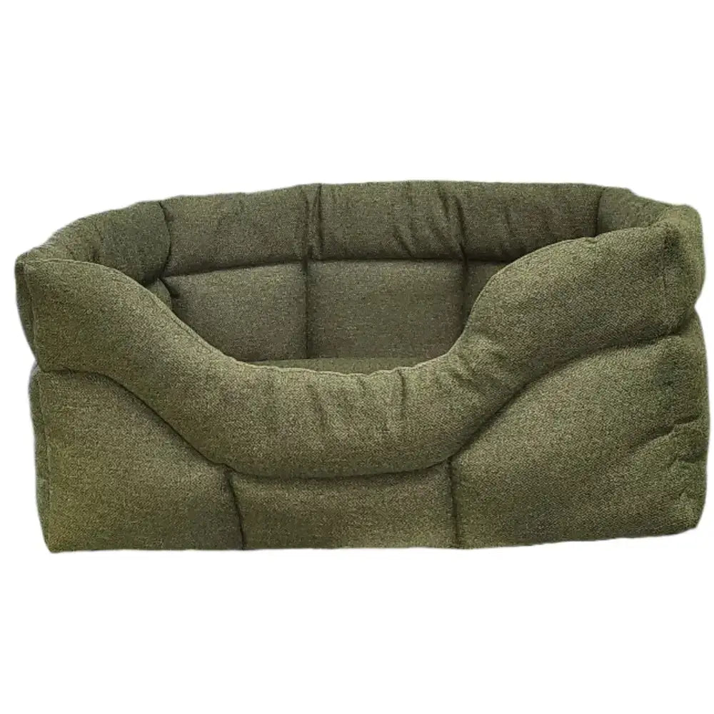 Olive green plush quilted orkney tweed bed with premium rectangular high sides and cozy cushioned 8cm base design