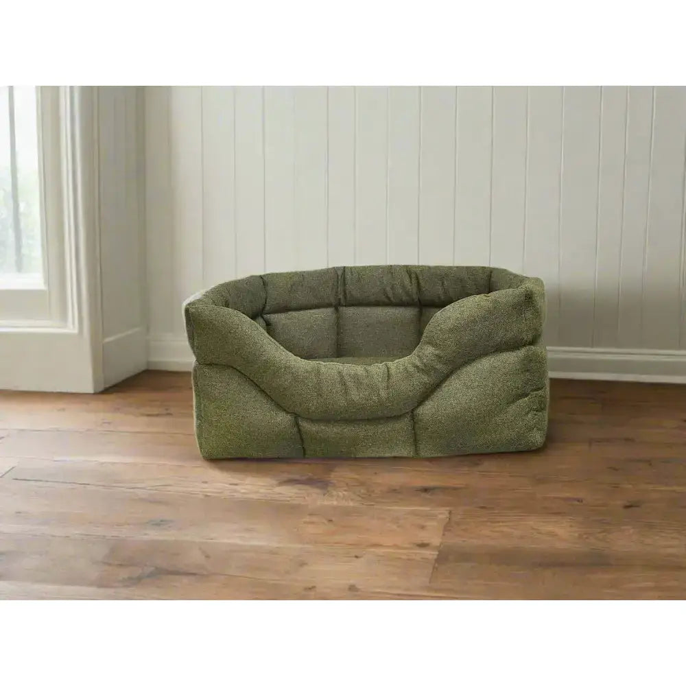 Olive green plush orkney tweed beds with premium rectangular high sides and soft textured fabric on 8cm base
