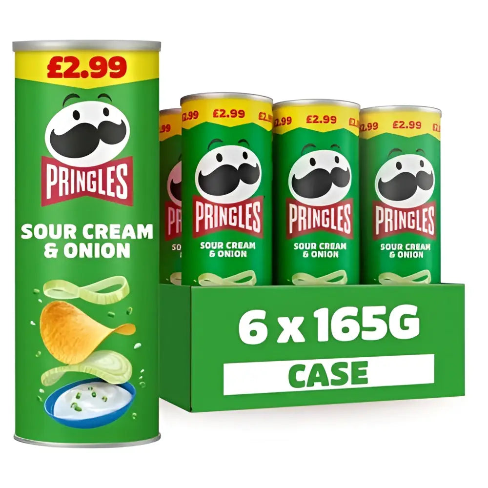 Green pringles sour cream and onion cans with white mustachioed logo priced at £2.99 great snack for equestrian fans