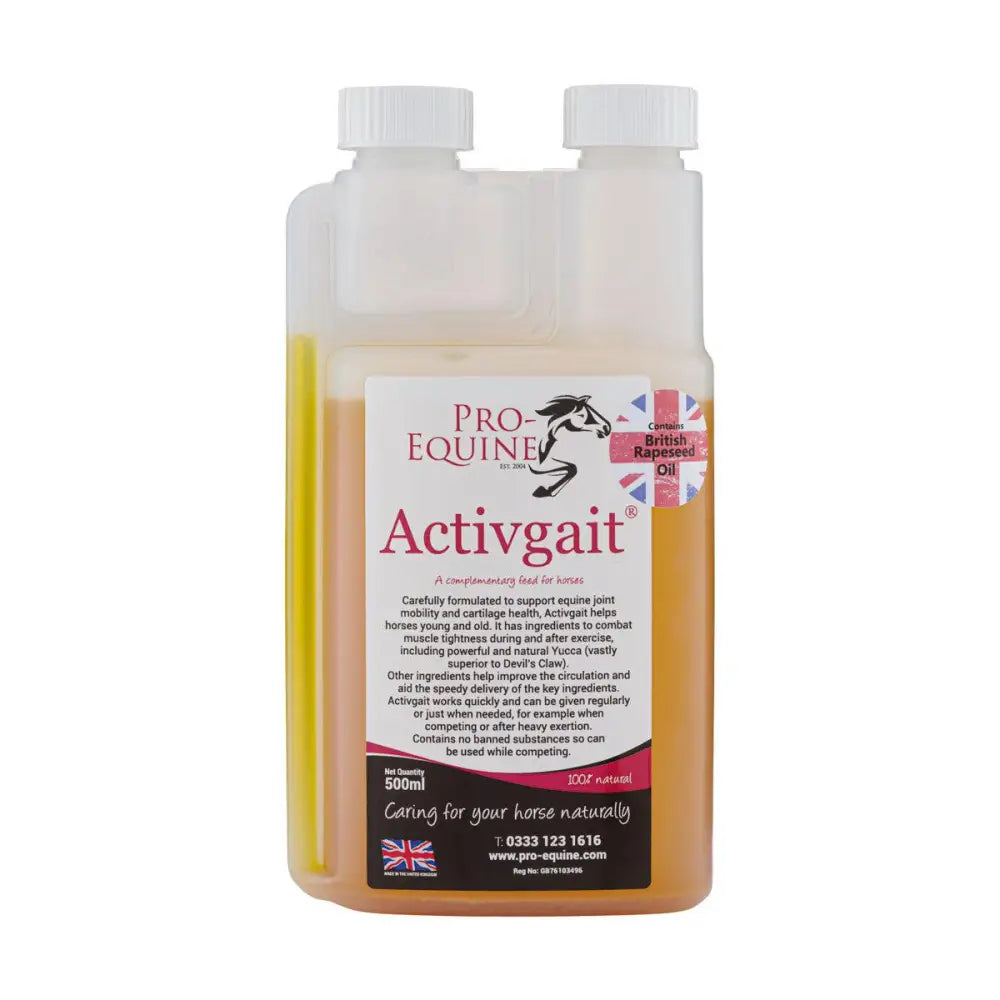 Pro-equine activgait fast-acting mobility supplement in a 500ml clear plastic bottle with amber liquid to ease stiff muscles
