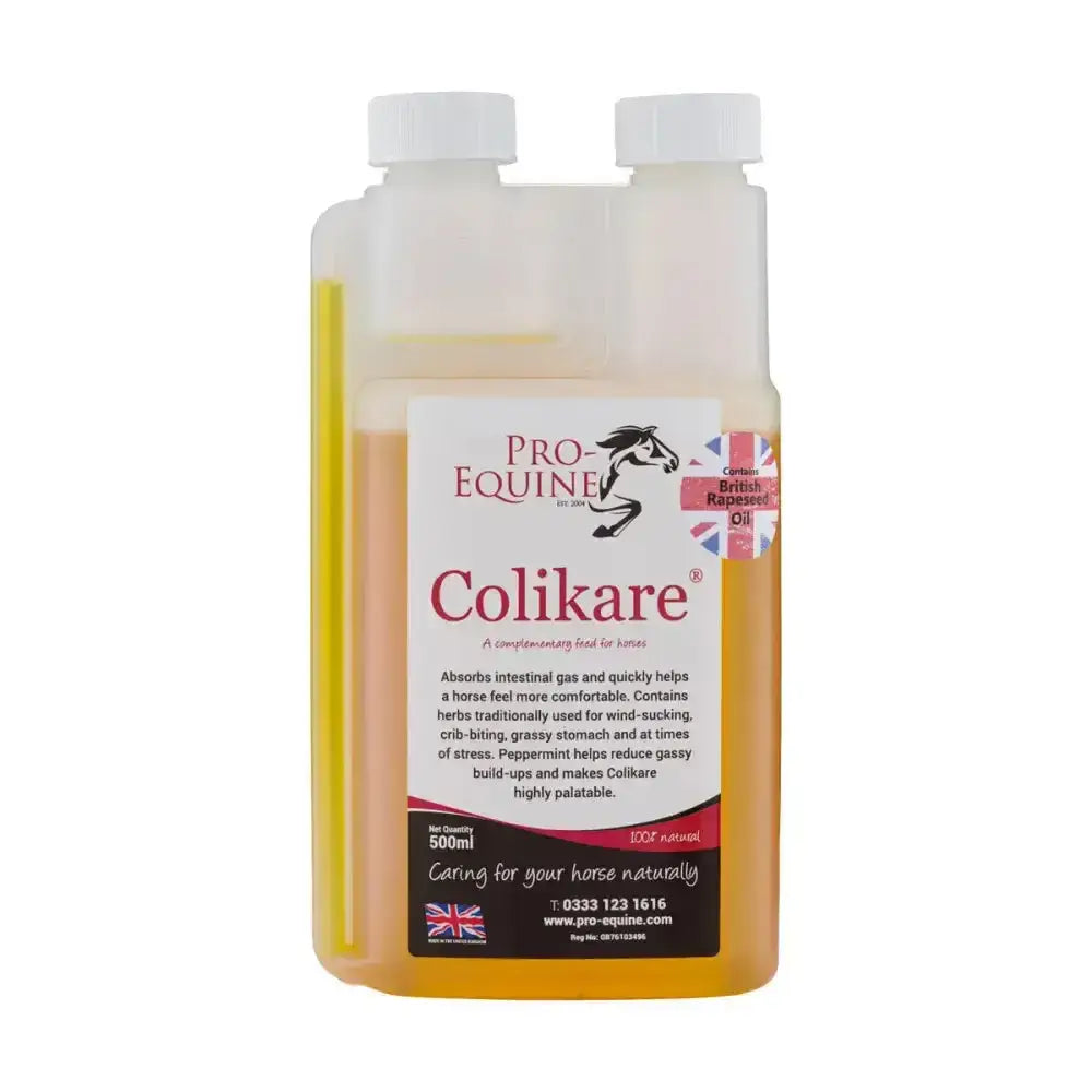 A 500ml transparent plastic bottle of pro-equine colikare fast-acting liquid supplement with yellow liquid and white caps
