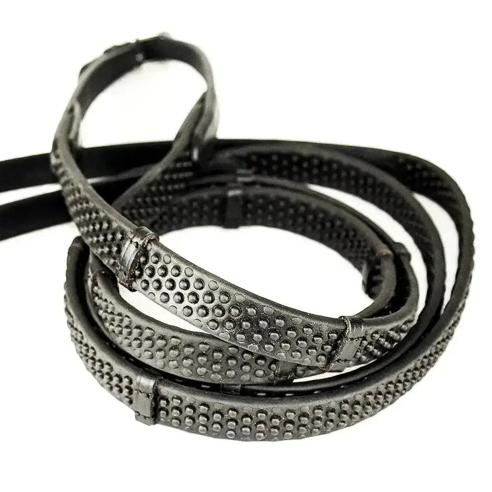 Black leather pro grip eventer reins with textured dotted grip and metal hardware for secure riding control