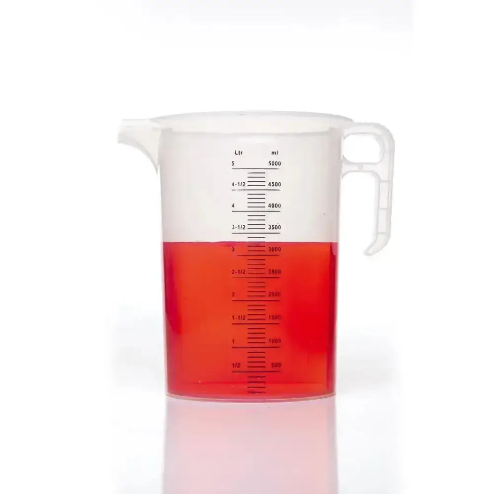 Transparent plastic pro-measures pro-jug with white handle and spout designed for everyday commercial durability up to 5l