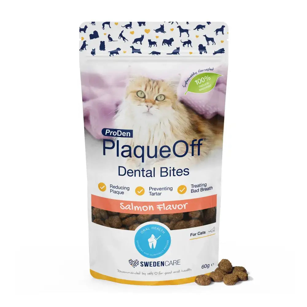 Proden plaqueoff dental bites salmon cat treats in a 60g pouch for oral health with tasty salmon bites