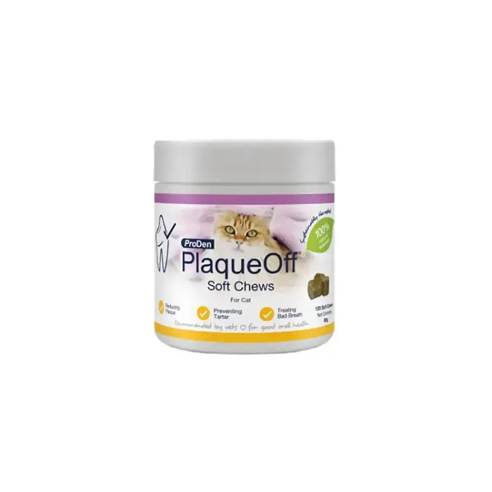 White plastic jar with purple and yellow label of proden plaqueoff soft chews for cats dental care