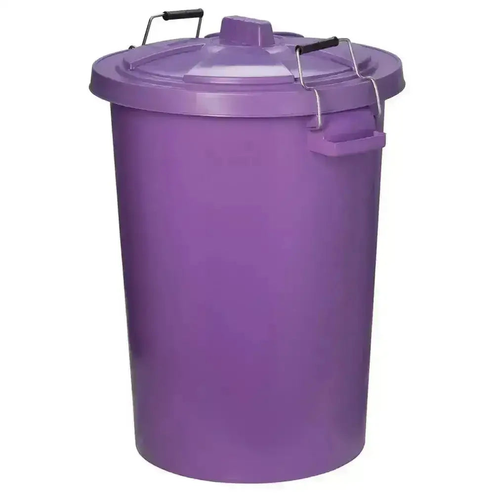Purple plastic prostable dustbins feed storage bin with secure locking lid and black metal handles for easy lifting