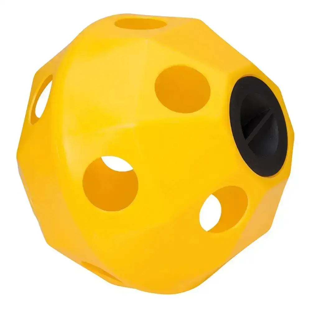 Bright yellow prostable hayball large toy with multiple circular holes and a black center for easy hay feeding