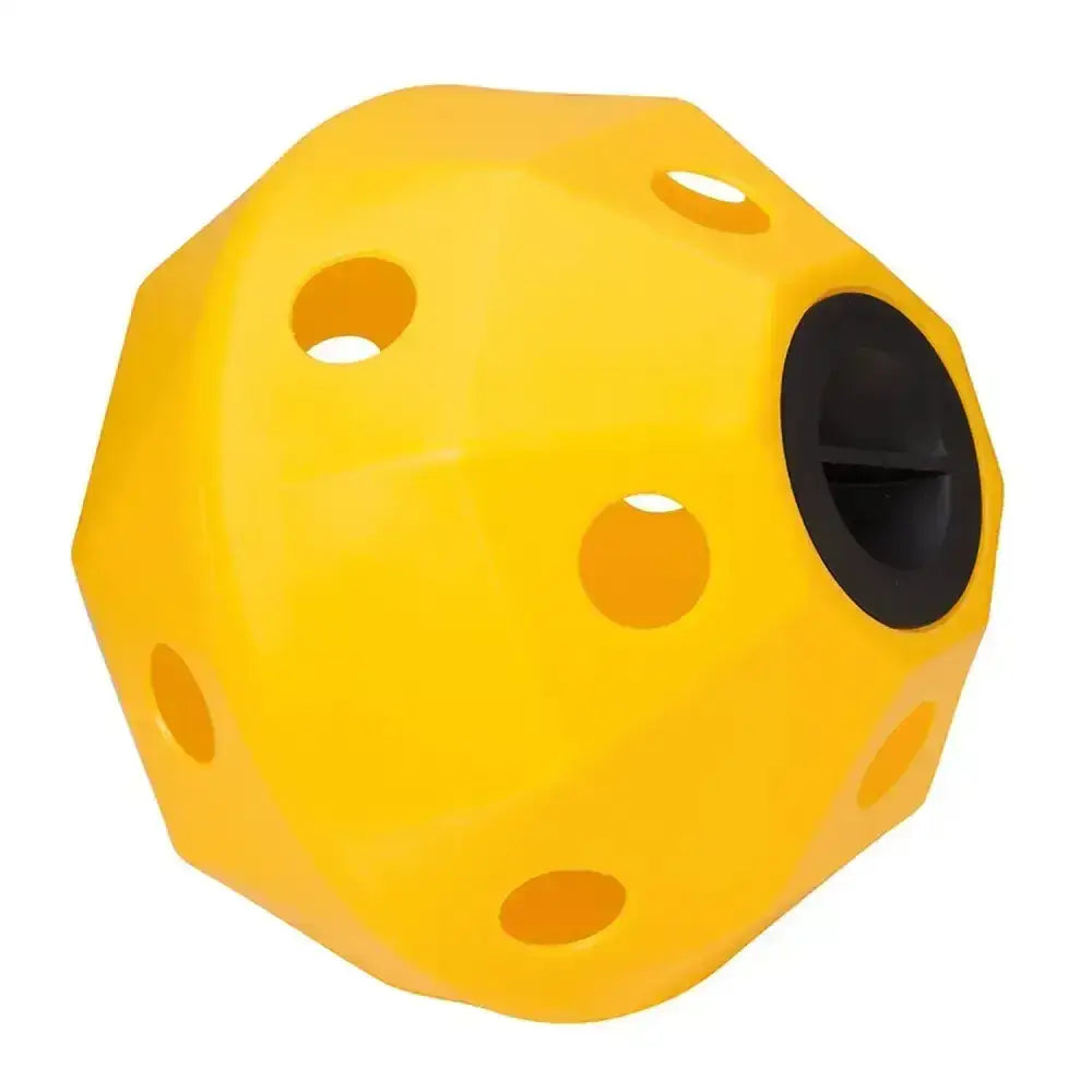 Bright yellow prostable hayball small dog toy with 5cm diameter holes and black central opening multi-sided hay feeder