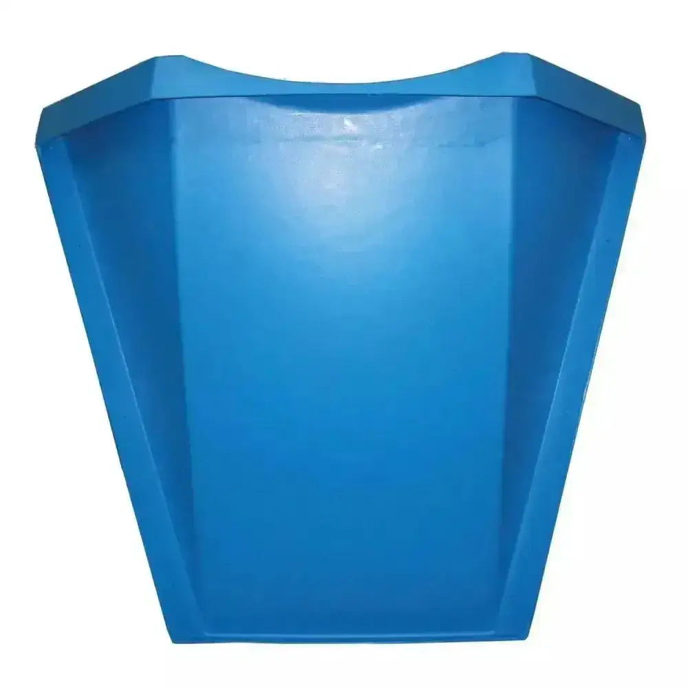 Solid blue plastic trash can with geometric design for easy hay feeding in prostable hayfeeder hay bar setup