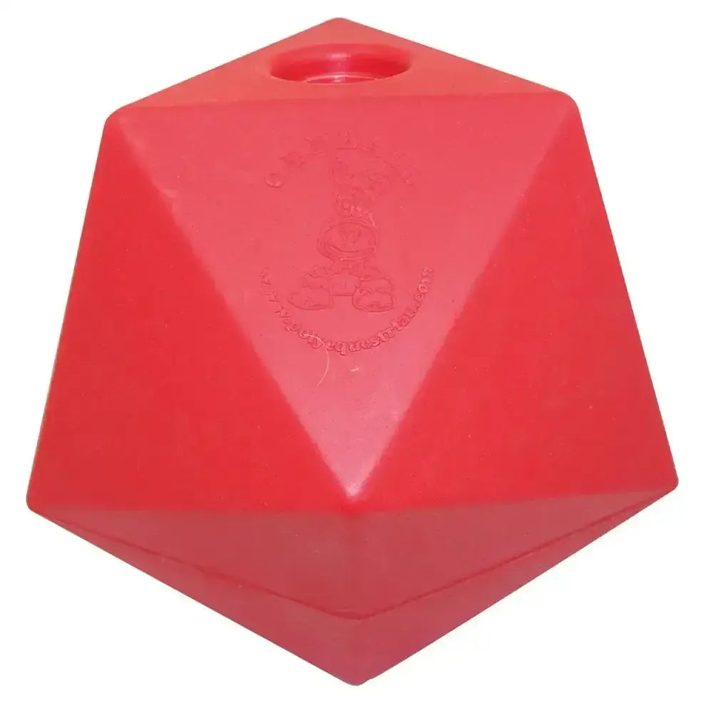 Red plastic prostable oddball large multi-sided treat feeder toy with 5cm diameter hole for dogs to chew