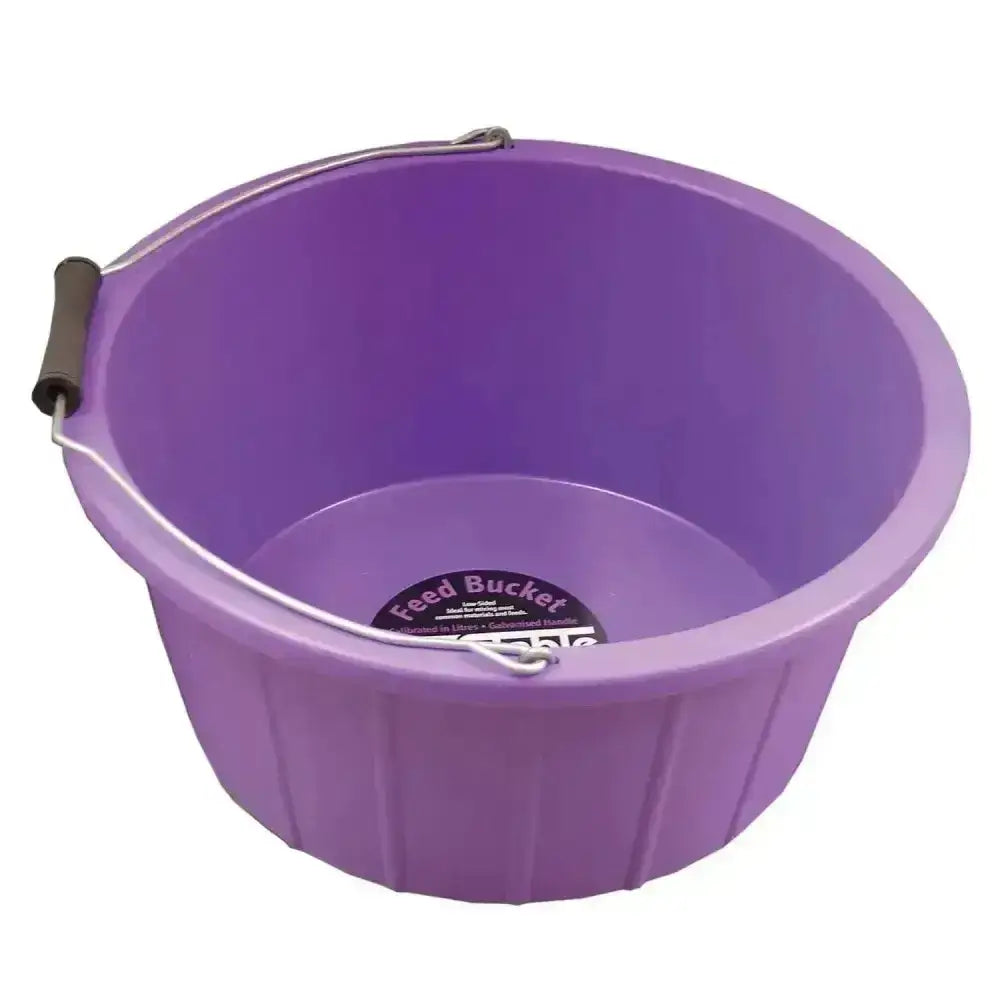 Purple prostable shallow bucket with metal handle and black grip is a low sided bucket ideal for feed use