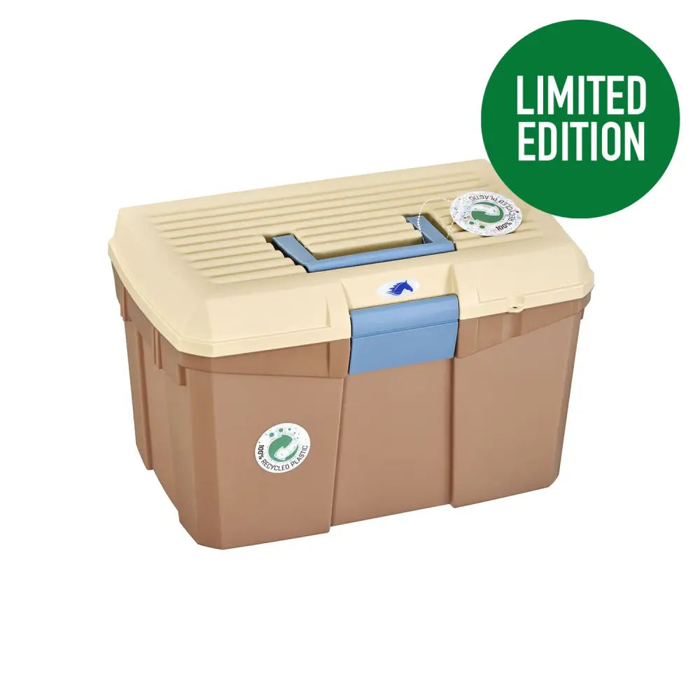 Beige and blue protack grooming box medium made of recycled plastic with lid handle and side compartments for horse care
