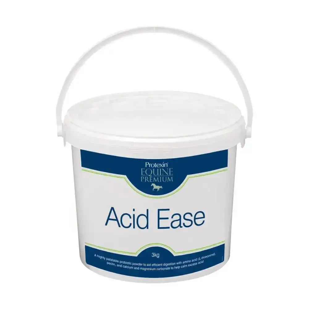 White plastic bucket of protexin acid ease soft fibre pellet for horses with blue and white protein equine premium label