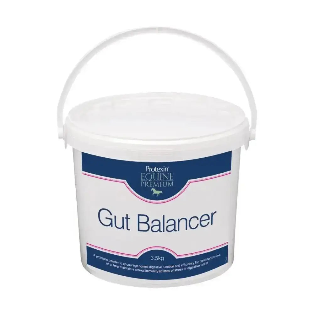 White plastic bucket with handle labeled protexin gut balancer for palatable grass meal to encourage normal digestive health