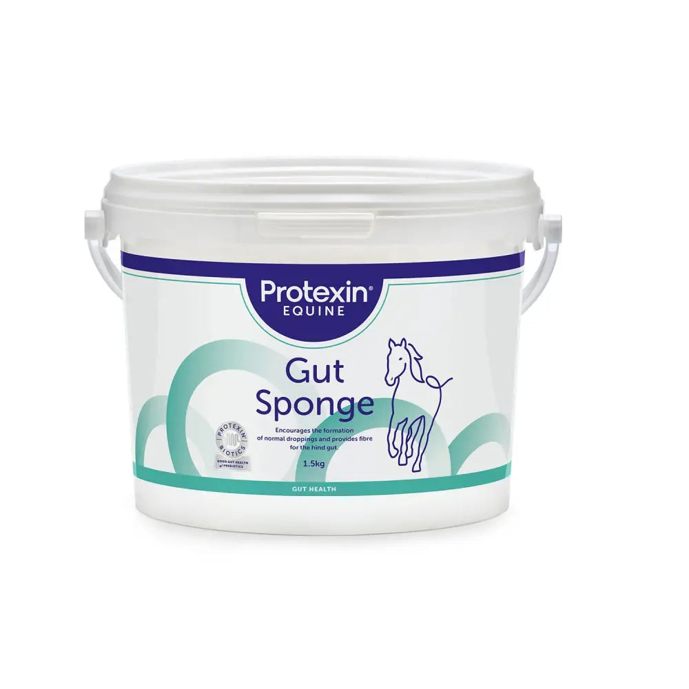 White plastic bucket with teal and navy blue protexin gut sponge label for hind gut health with psyllium husks