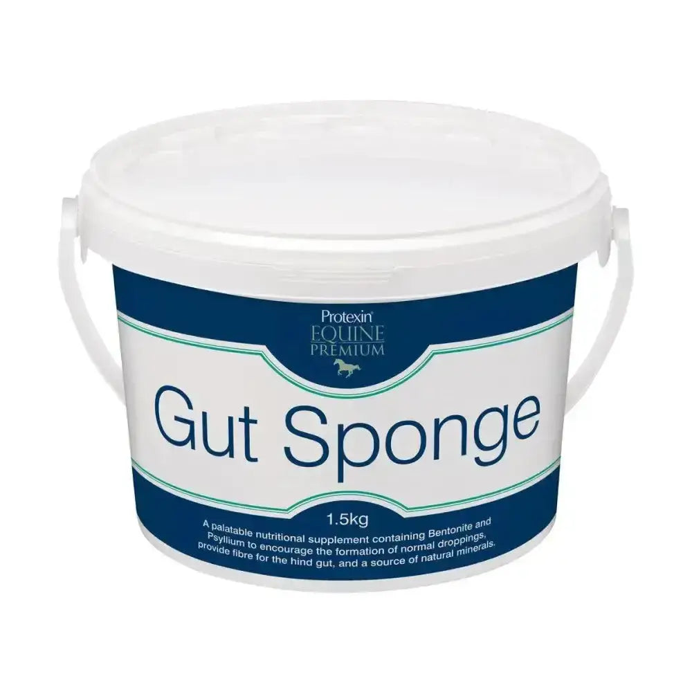 White plastic bucket with blue and white protexin equine premium label containing premium gut sponge palatable nutritional supplement for horses