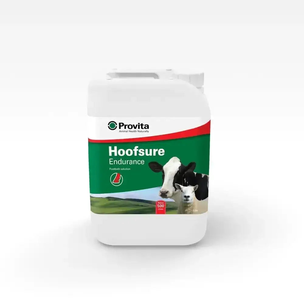 White plastic jug with green and red label featuring cow and lamb branded as provita hoofsure endurance footbath solution for maintaining hoof condition by combining organic acids
