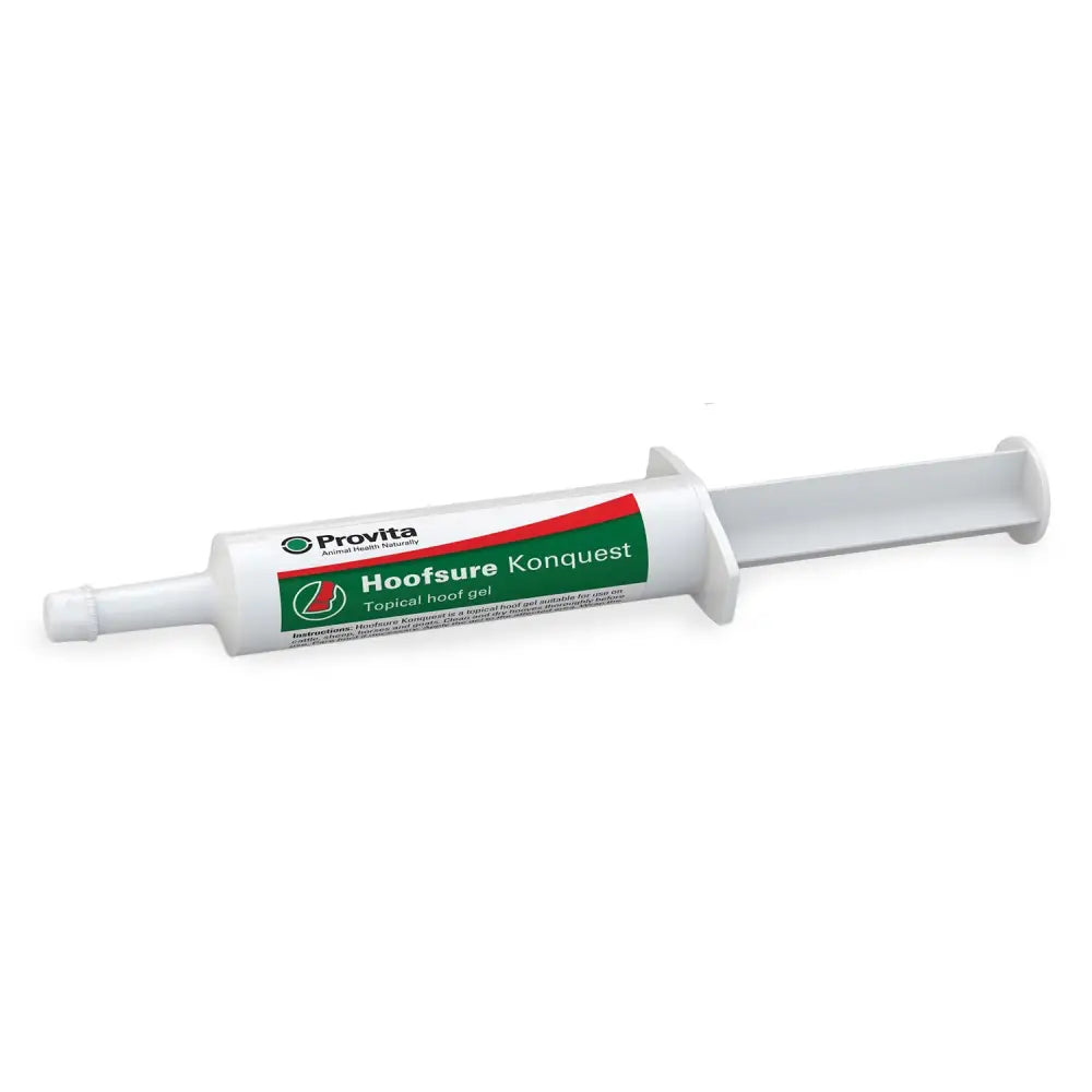 White plastic tube of provita hoofsure konquest gel topical hoof gel for hoof care and protection