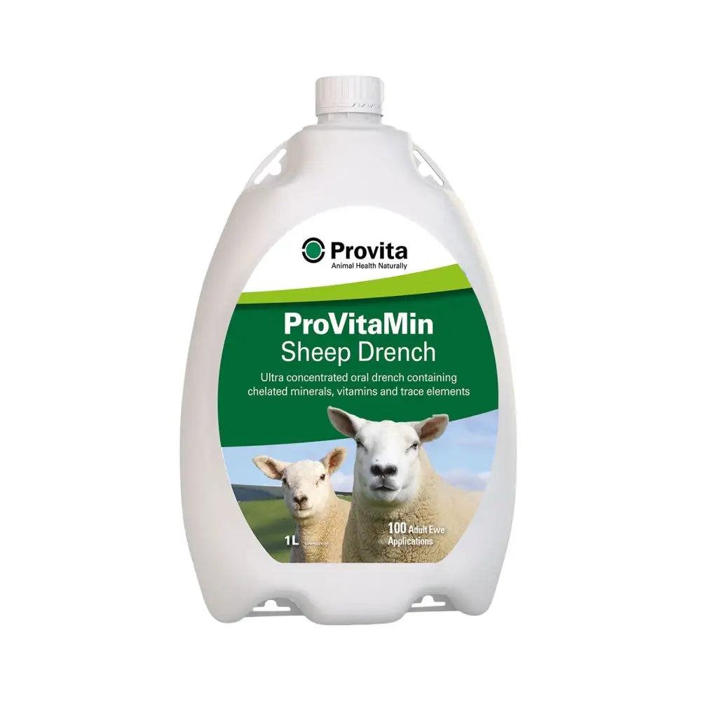 White plastic bottle of provita provitamin sheep ultra-concentrated oral drench with green label for 100 adult ewes
