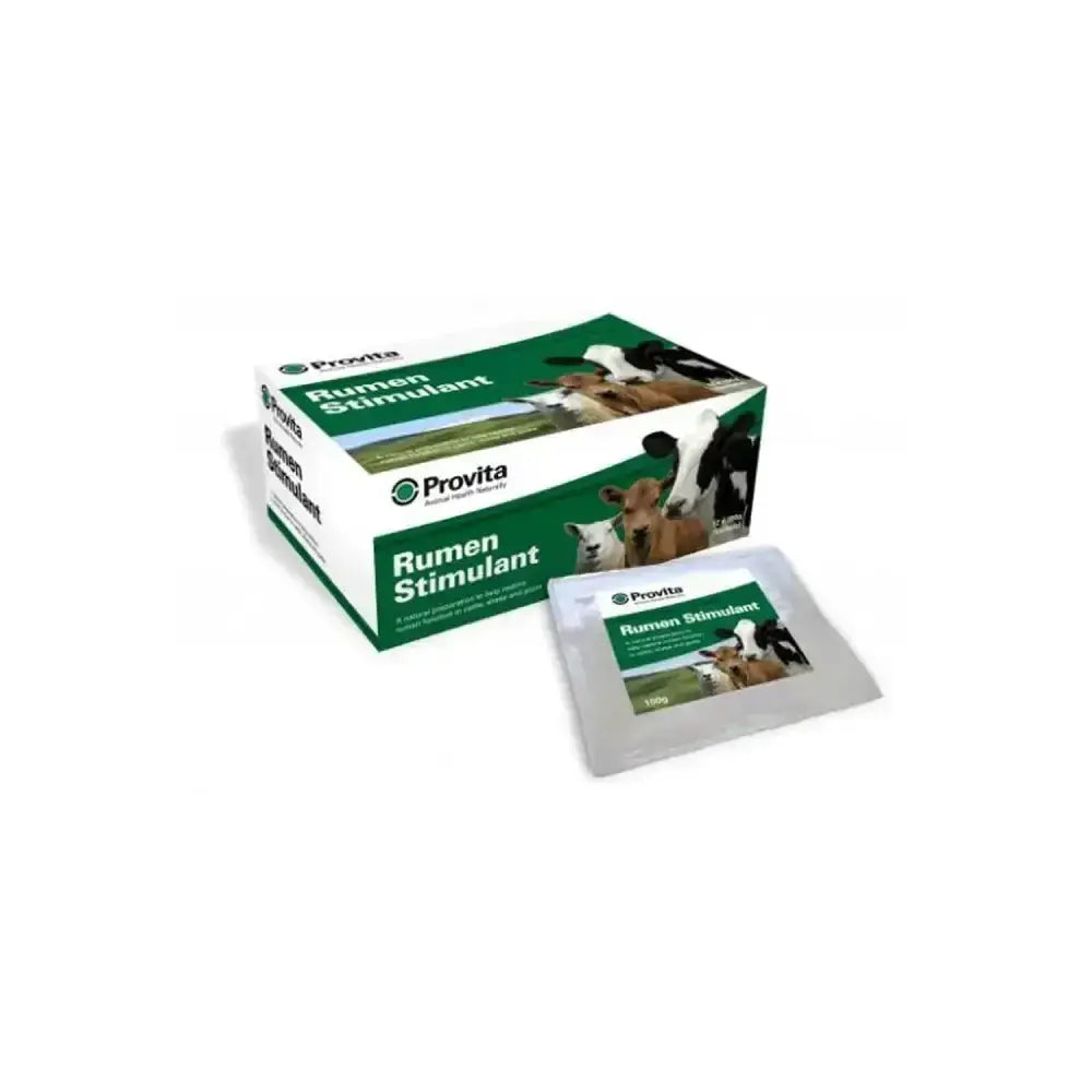 Green and white box of provita rumen stimulant with single sachet to restore rumen function as a microbial stimulant