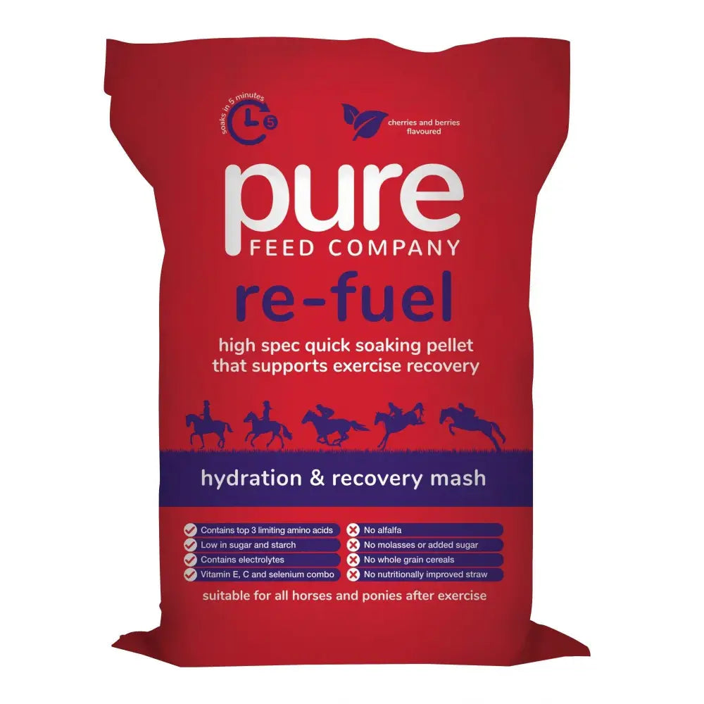 Red bag of pure feed re-fuel recovery mash a high-spec quick soaking pellet mash for horses and ponies after exercise