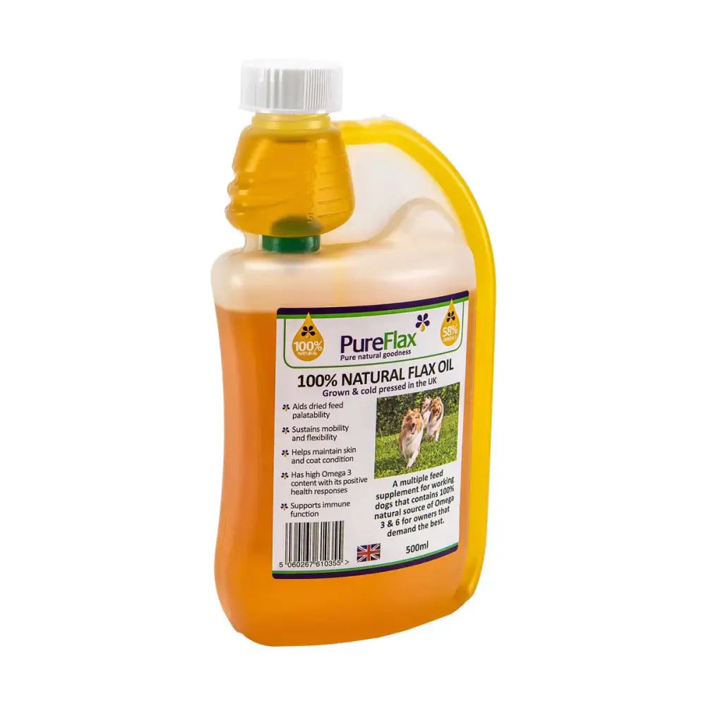 A yellow plastic bottle of pureflax linseed oil natural cold pressed with white cap and green band for dogs