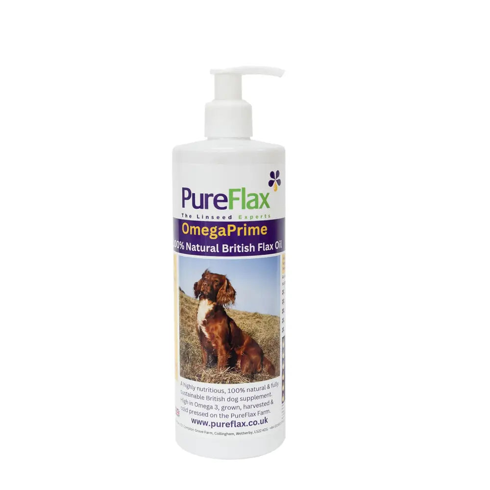 White plastic bottle with pump labeled pureflax omegaprime natural british flax oil for dogs featuring a dog image