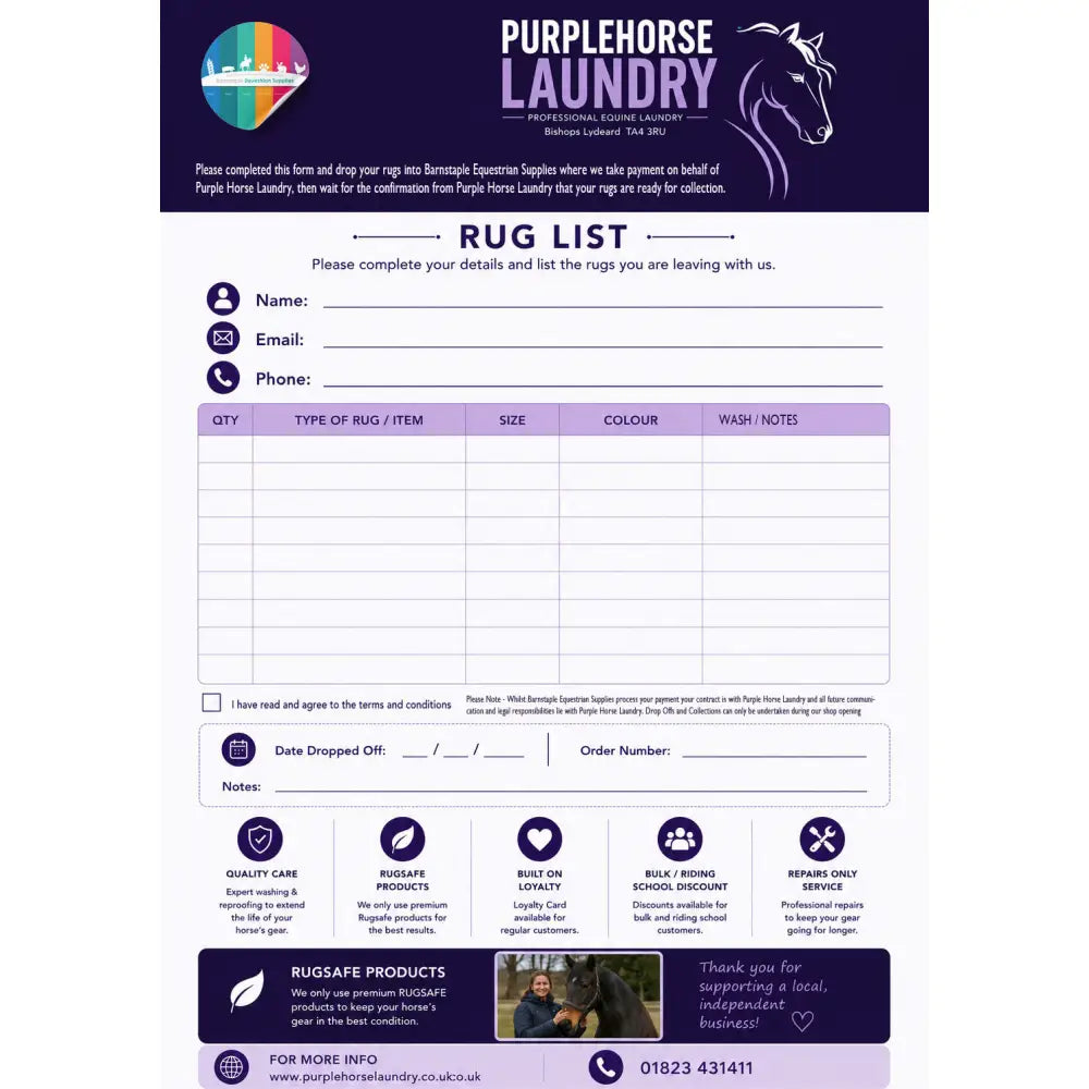Purple horse laundry rug list form with purple and white colors featuring fields for customer and rug details