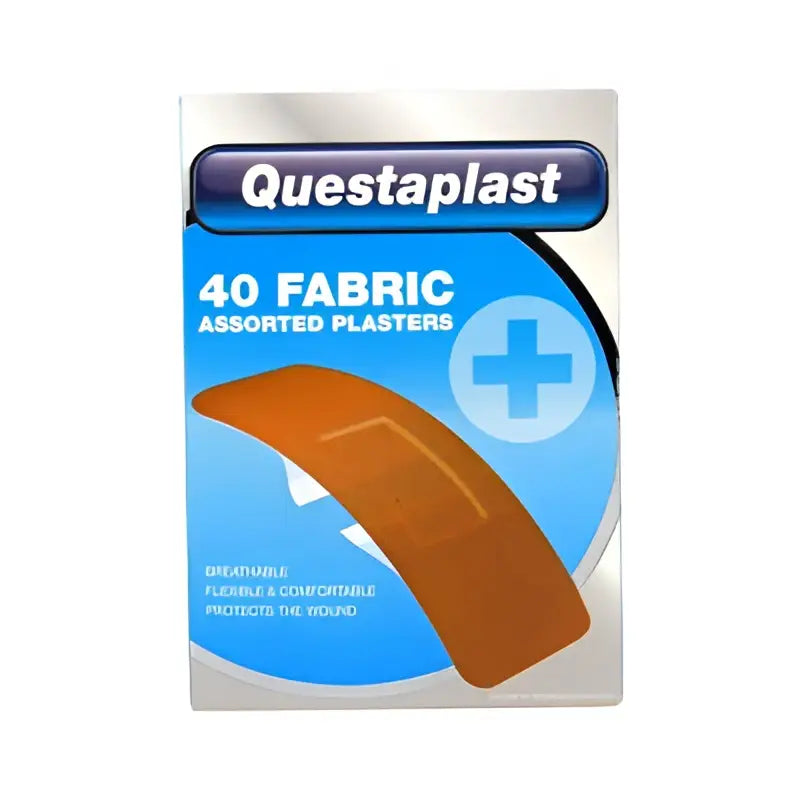 A package of questaplast plasters featuring an orange fabric adhesive bandage for equestrian and horse care