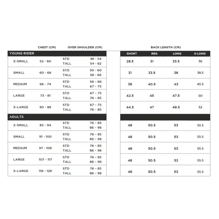 Youth and adult size chart showing chest over shoulder and back length in cm for racesafe motion3 adult body protector black