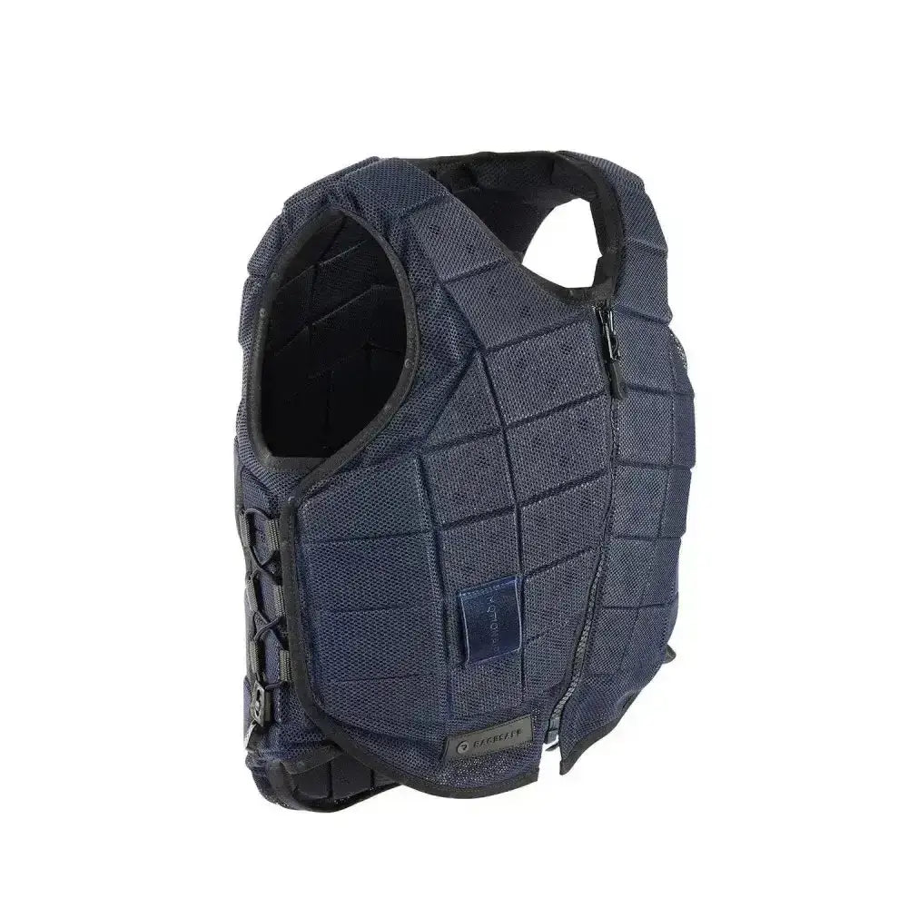 Dark blue quilted racesafe motion3 body protector with black trim and adjustable straps combines innovative multi-foam technology