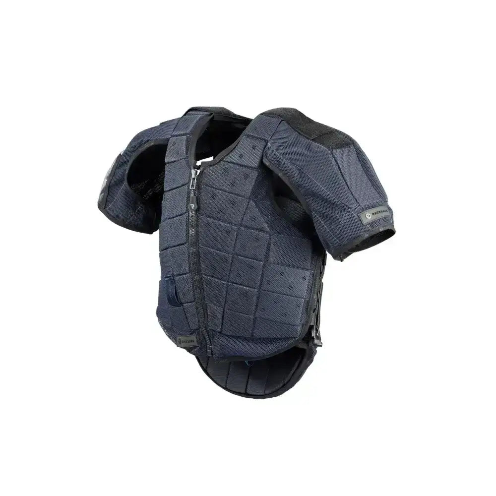 Black mesh and padded protective vest with quilted panels from racesafe motion3 shoulder pads for body protection