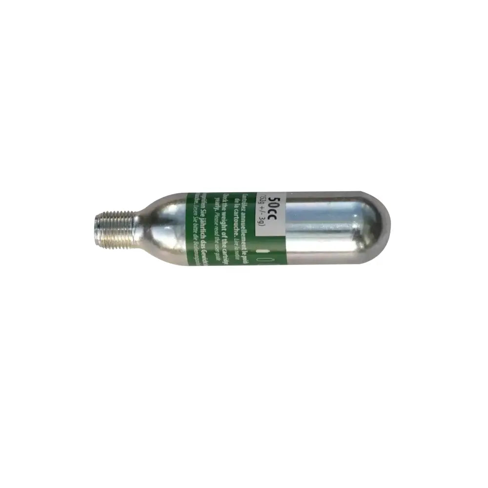 Silver racesafe motionair co2 canister with threaded valve and green 50cc label for hit-air replacement use