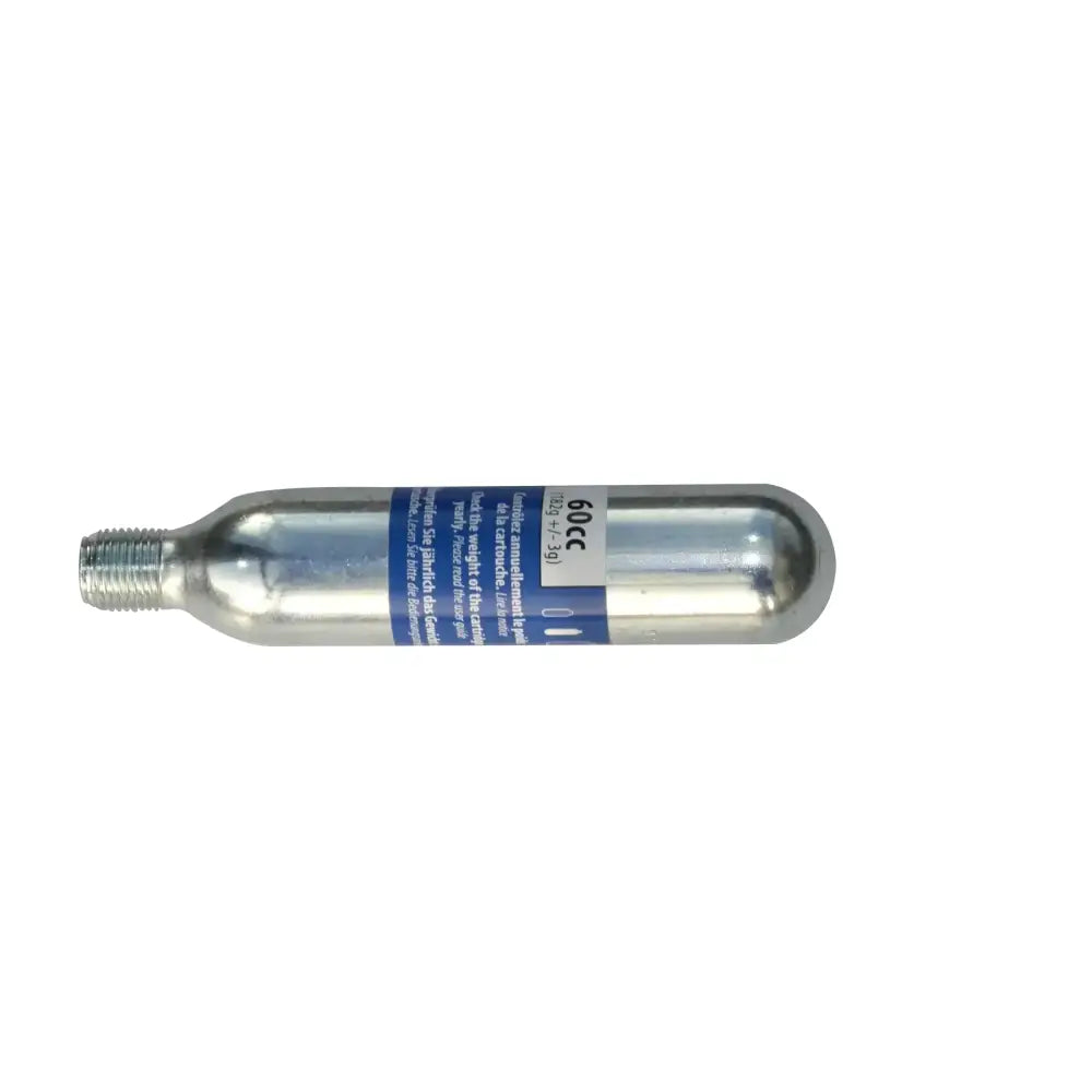 Silver 60cc racesafe motionair co2 canister with threaded metal cap and blue label hit-air replacement canister