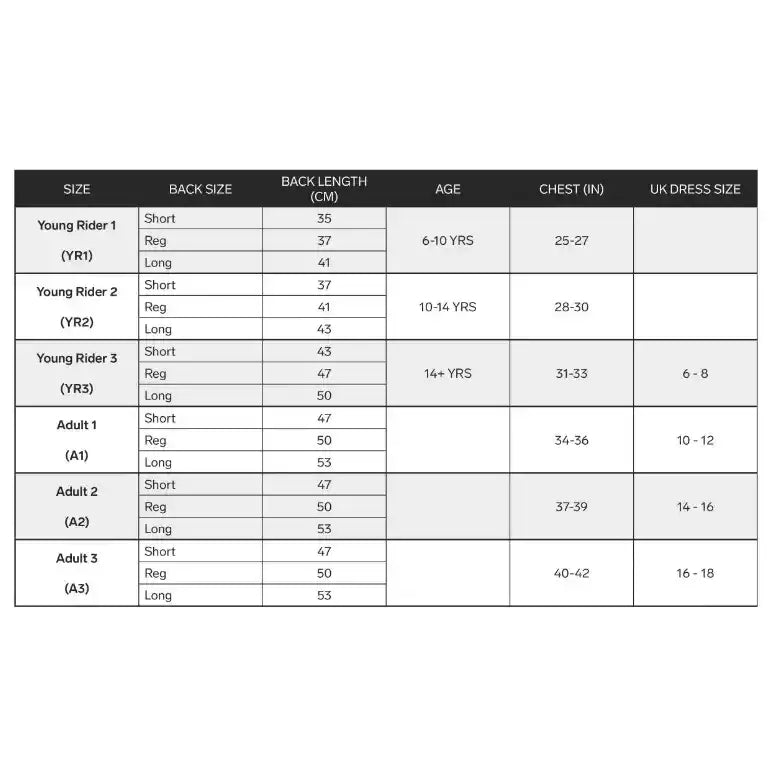Size chart for racesafe motionlite lightweight technical gilet showing young rider and adult sizes for back protector use