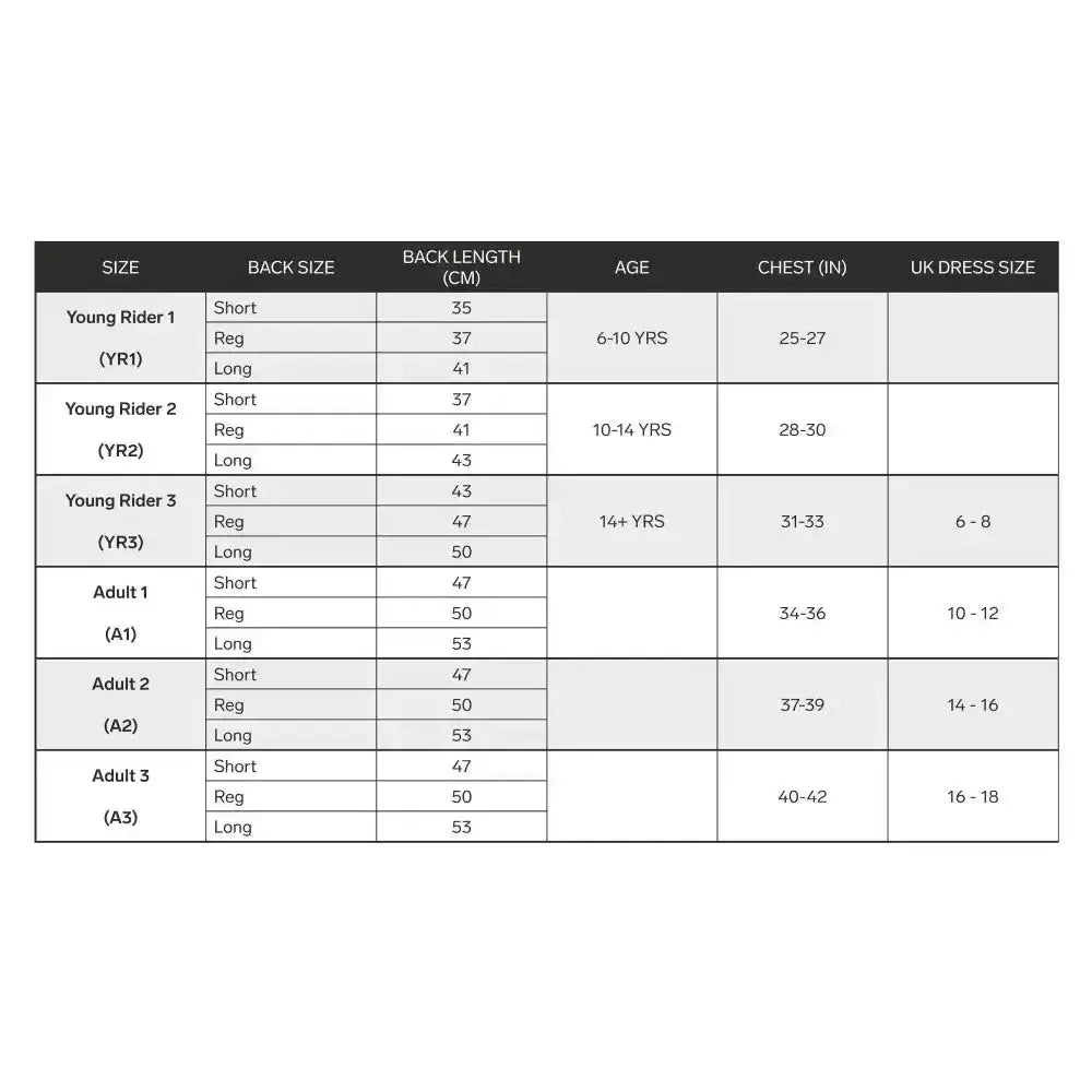 Size chart for racesafe motionlite protector young rider technical gilet showing back size length age chest and uk dress size
