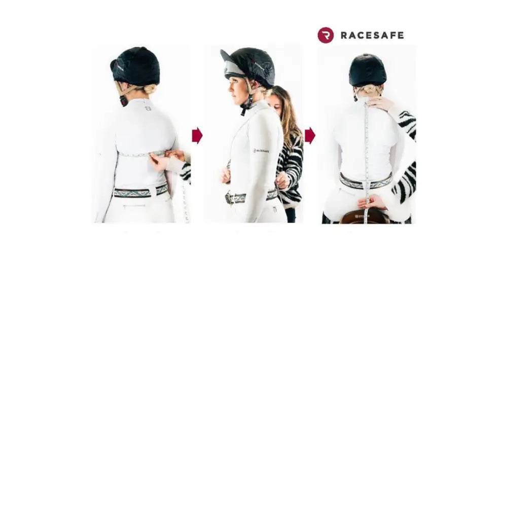 White equestrian jacket with black trim and patterned belt for riding features racesafe motionlite protector young rider technical gilet