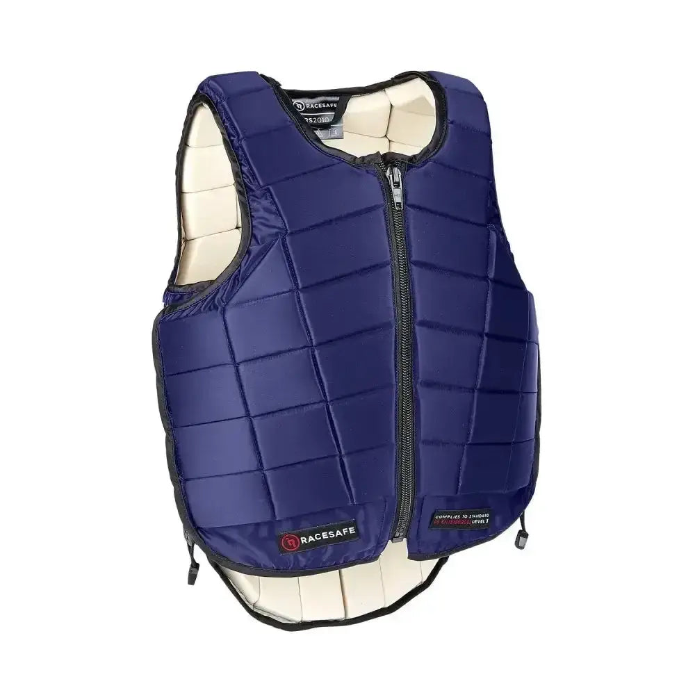 Navy blue quilted racesafe rs2010 adults body protector with cream padded interior and black trim for equestrian use