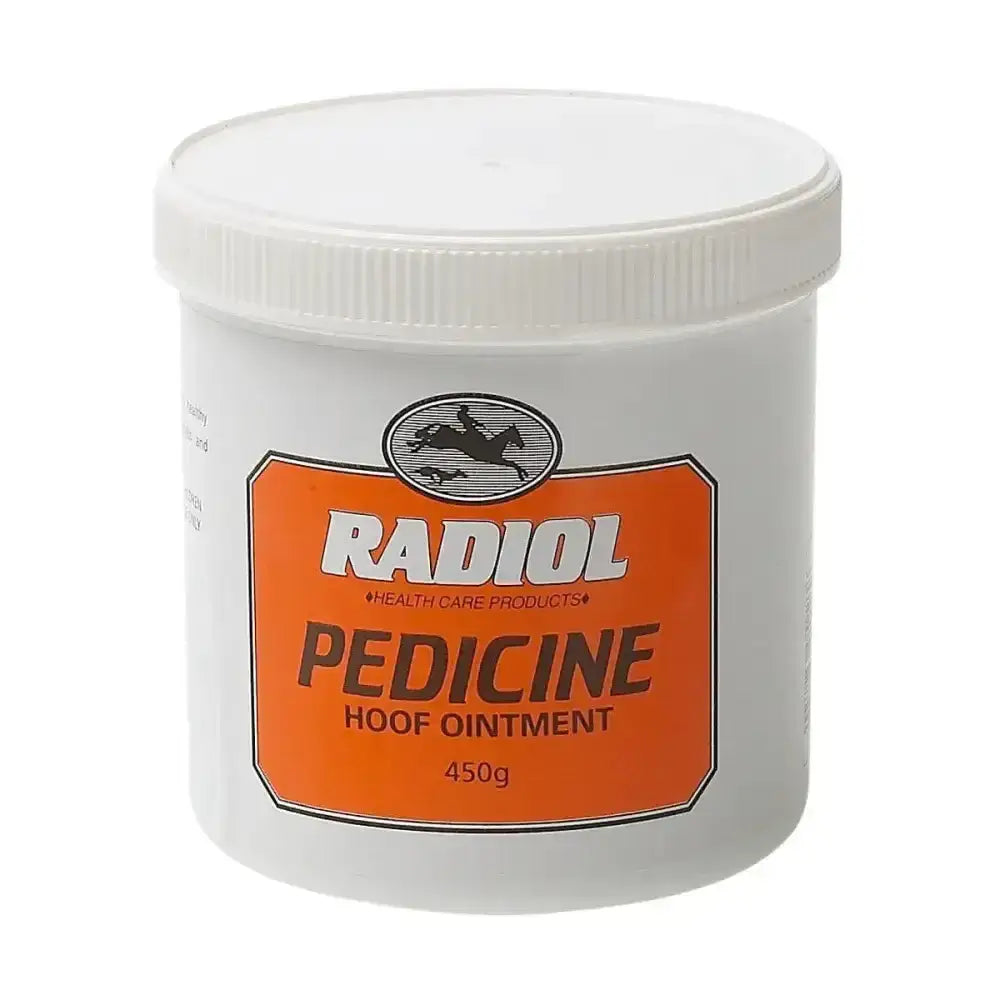 White plastic container with orange label showing radiol pedicine hoof ointment traditional hoof ointment 450g