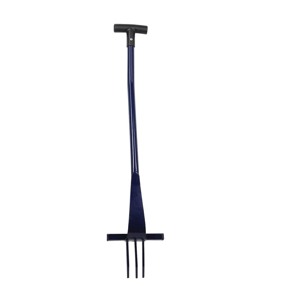 Dark blue metal rag-fork with t-shaped handle and three prongs designed to remove ragwort and paddock weeds quickly