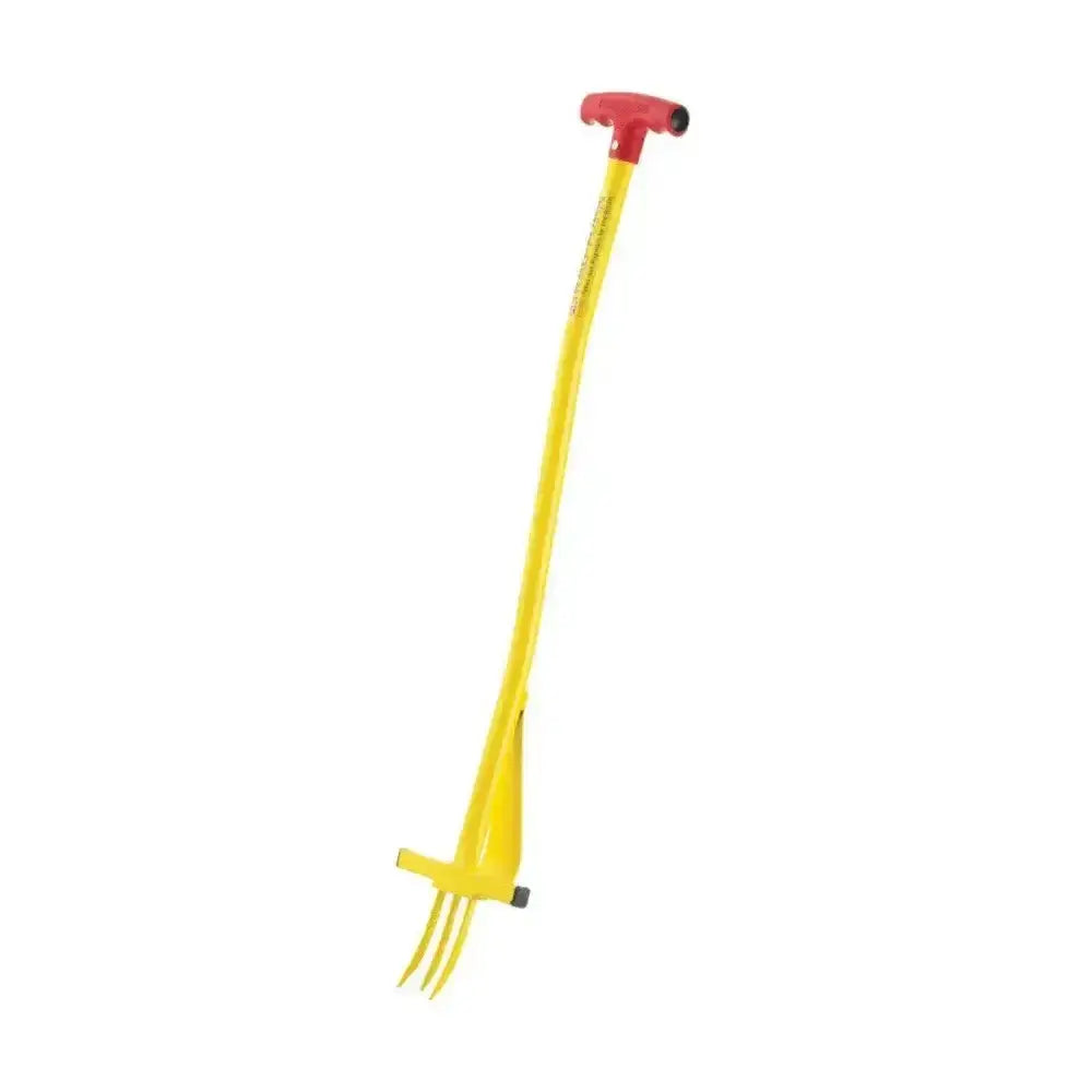 Yellow rag-fork gardening fork with red t-handle and black rubber tips designed to remove ragwort and clear paddock weeds quickly