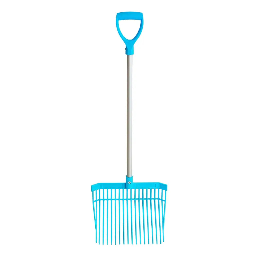 Bright blue plastic gorilla bedding fork with silver metal handle poly carbonite shaft for easy cleaning