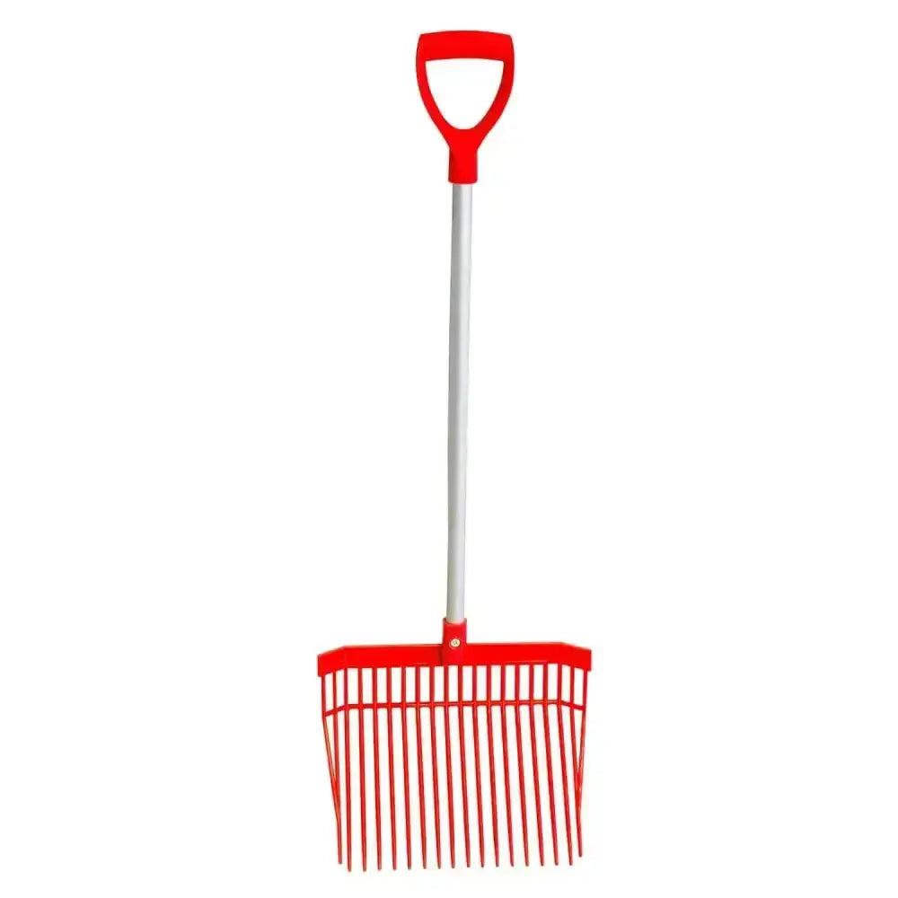 Red gorilla bedding fork short d-handle with red plastic rake head and silver metal shaft for easy bedding tasks